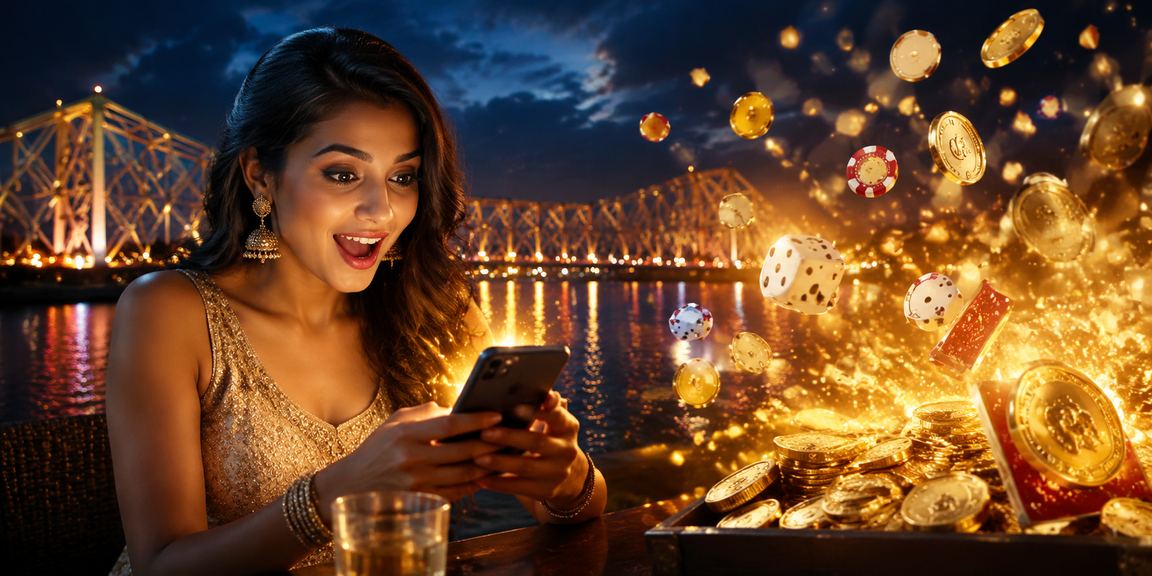 Night market in Kolkata with players enjoying card games on mobile